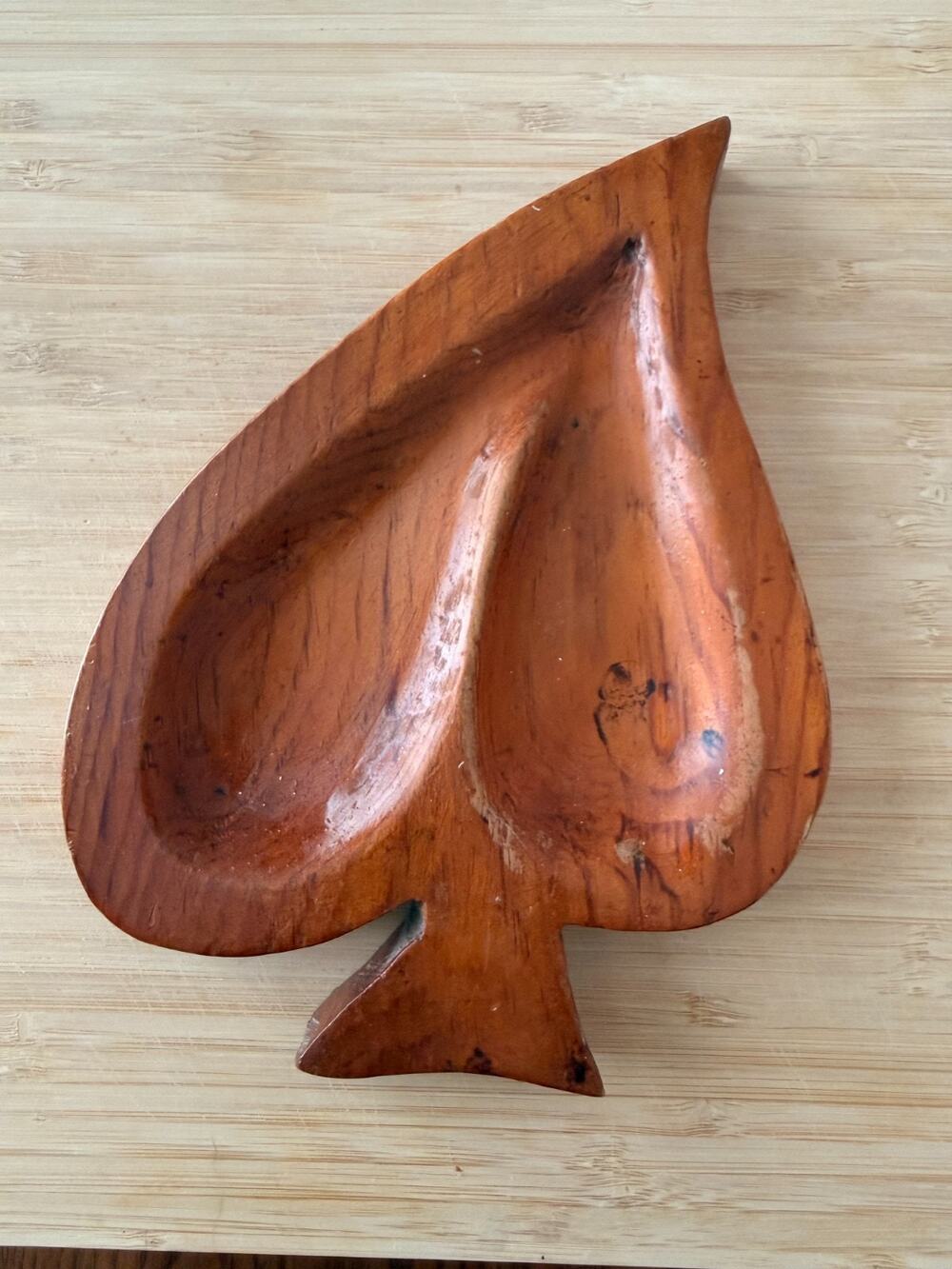 Edward Barczak Vintage Hand Carved Wood Trinket Dish Spade Leaf Shaped 8" X 6"